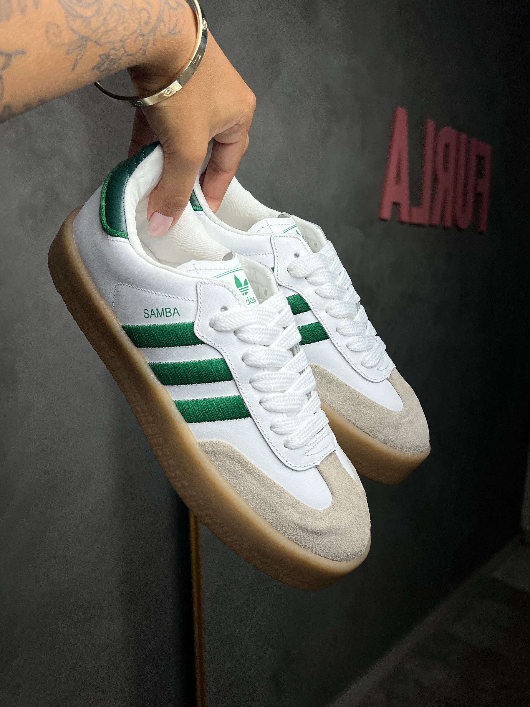 Tênis SMB Plataforma - Branco e Verde - Couro legítimo