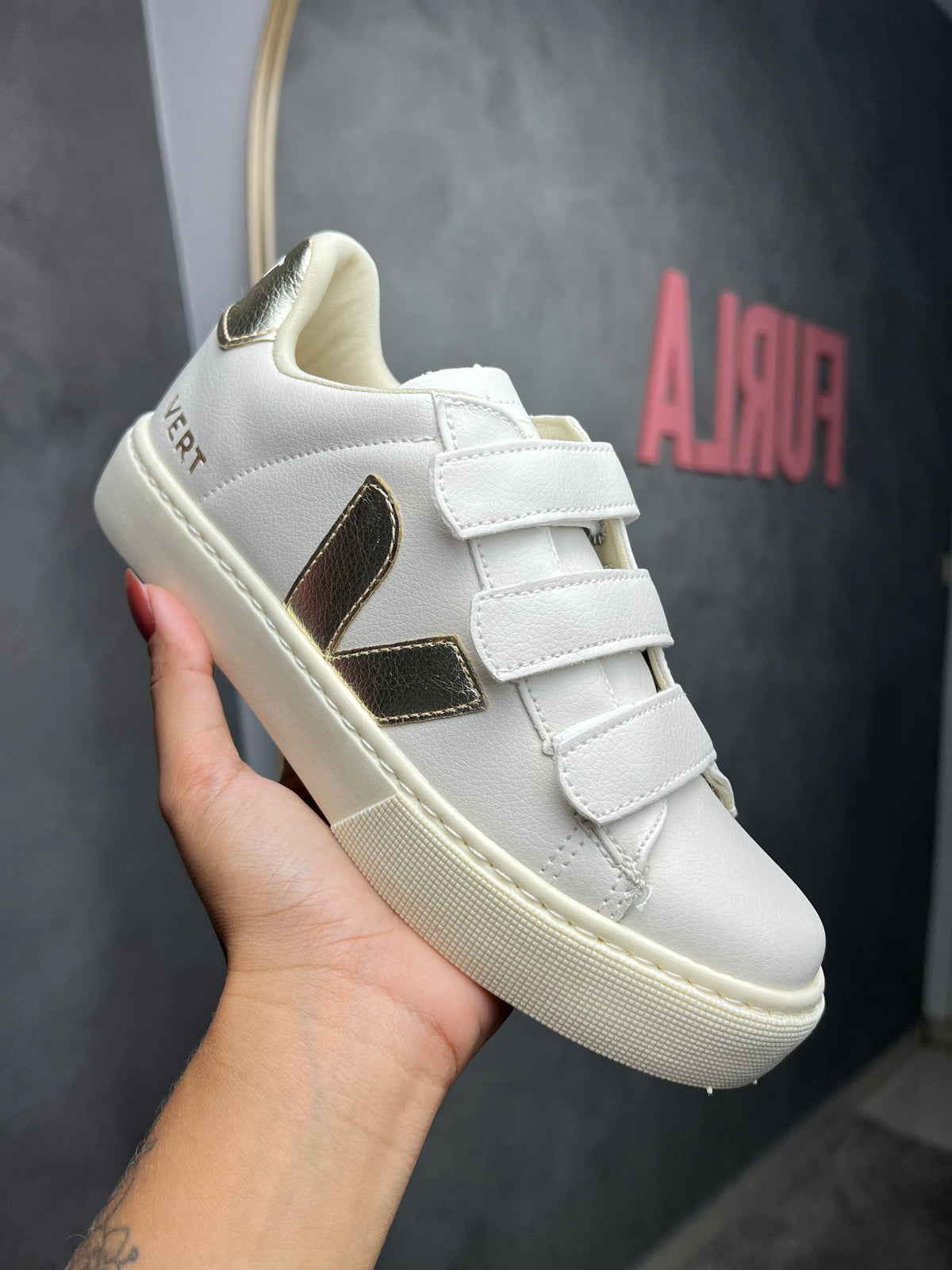Tênis V Velcro Off Gold - Couro Eco